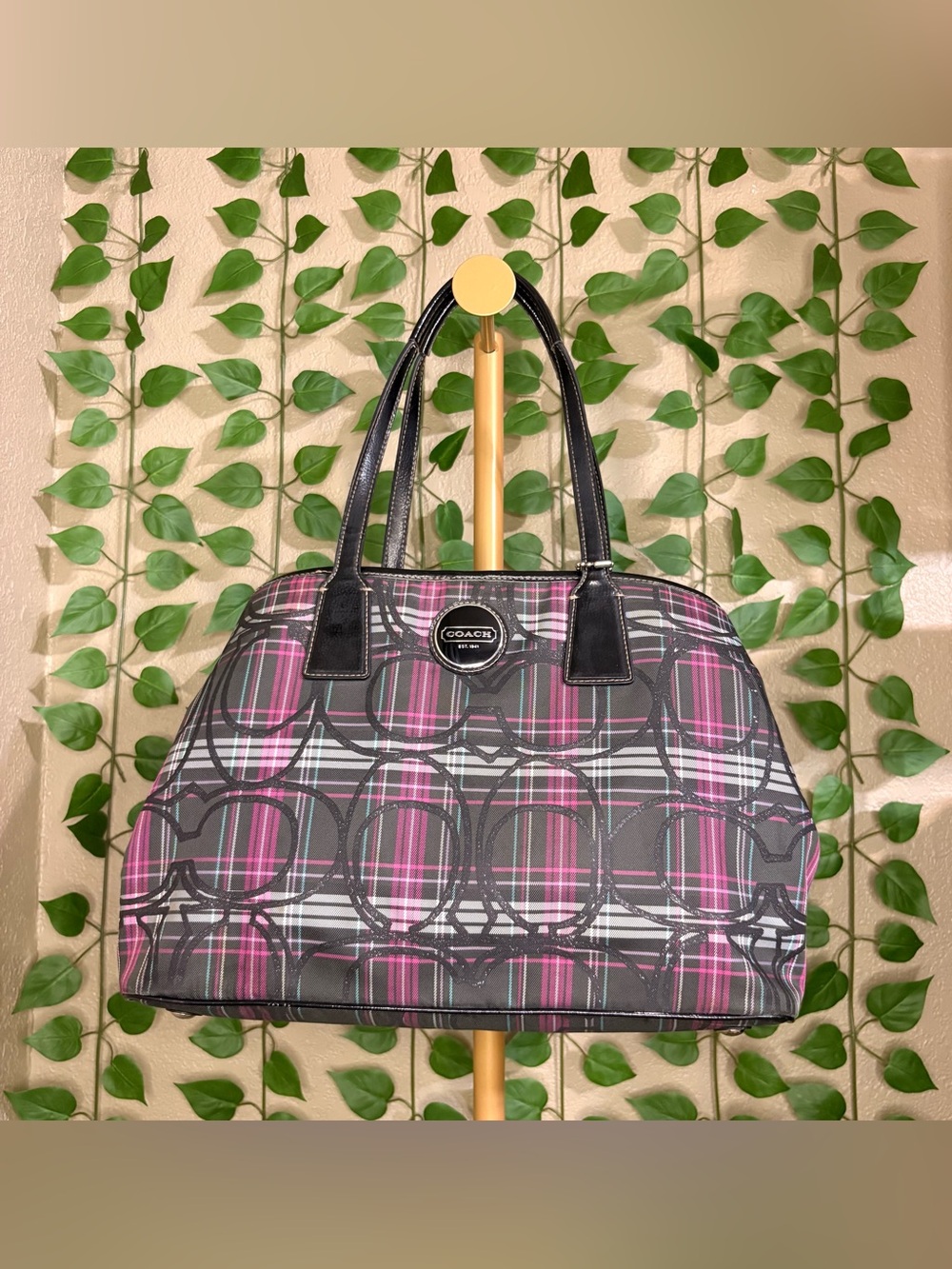 COACH Pink Plaid Signature KISSLOCK Dome Satchel